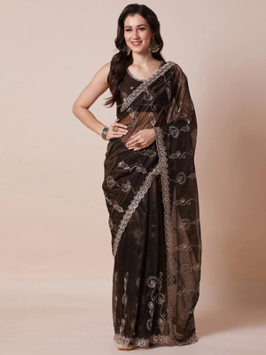 Tasrika Embroidered Bollywood Net Saree(Brown, Silver)