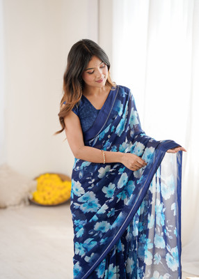 Meet Trendz Floral Print Bollywood Satin Saree(Dark Blue)
