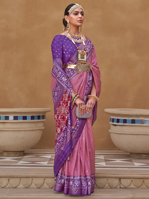 Sareemall Self Design Patola Silk Blend Saree(Purple)
