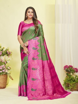 Aquiliq Woven Bollywood Jacquard Saree(Dark Green)