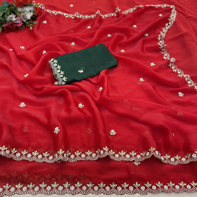 KanjiQueen Embroidered Saree with Attached Blouse Chiffon, Silk Blend Saree(Dark Green, Red)