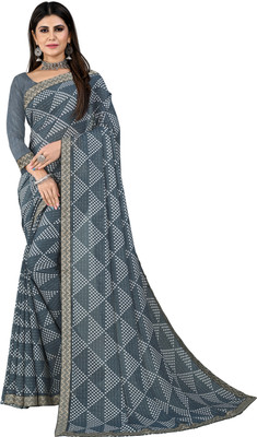 Kanooda Prints Printed Bandhani Georgette Saree(Grey)