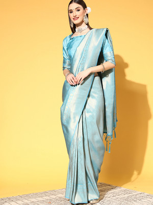 Divastri Embellished Kanjivaram Silk Blend Saree(Light Blue)