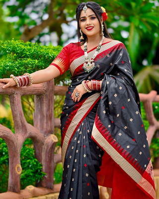 AJMERA FAISHON Color Block Sambalpuri Nylon Saree(Black)