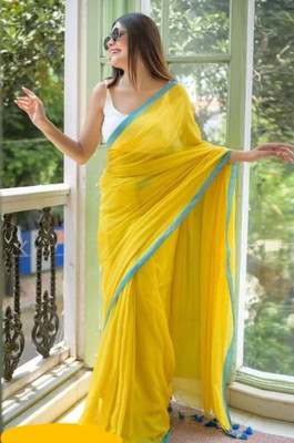 SARKARETHNIC Solid/Plain Handloom Handloom Pure Cotton Saree(Yellow, Light Green)