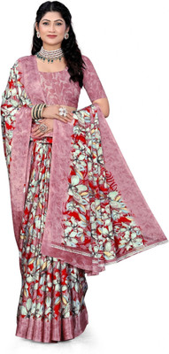 SnehaWomensWear Printed Daily Wear Crepe Saree(Pink, Red)