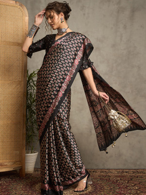 ANOUK Printed Hand Batik Crepe Saree(Black)