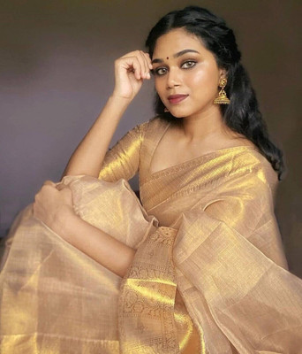SuperLaxmi Striped Bollywood Organza, Tissue Saree(Gold)