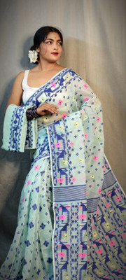 RenukaSharee Printed Jamdani Cotton Silk Saree(Blue, White)