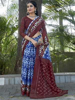 Tasrika Printed Ikkat Cotton Blend Saree(Blue)