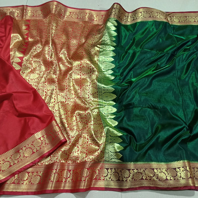 PremiumTextiles Solid/Plain Banarasi Satin Saree(Dark Green)