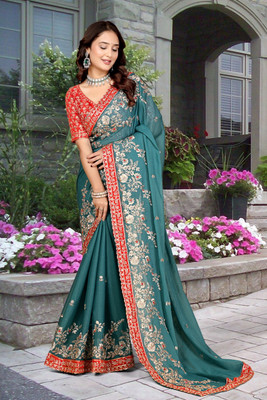 Aksh Fashion Embroidered Bollywood Georgette Saree(Green)