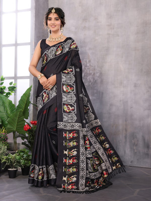 Divastri Printed Bhagalpuri Art Silk, Lace Saree(Black)