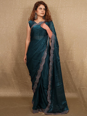 ANOUK Embellished Saree with Attached Blouse Satin Saree(Blue)