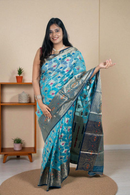 SnehaFashion Creation Woven, Printed Banarasi Organza Saree(Blue)