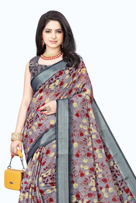 SSHAGUN LIFESTYLE Floral Print Bollywood Cotton Blend Saree(Brown)