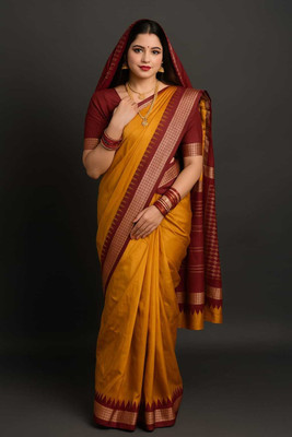 Afronza Temple Border, Solid/Plain, Striped Sambalpuri Silk Blend, Pure Silk Saree(Mustard, Red)