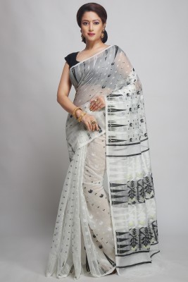 WoodenTant Woven Jamdani Cotton Silk Saree(White, Black)