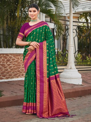 BUNAWAT Woven Handloom Silk Blend Saree(Dark Green)