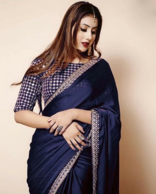 Sarvada Embroidered Bollywood Silk Blend Saree(Dark Blue)