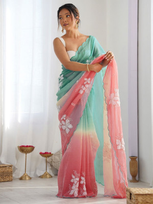 Shreekaara Floral Print Bollywood Chiffon Saree(Pink, Purple)