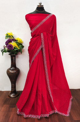 GEETABA FASHION Solid/Plain Bollywood Georgette Saree(Red)