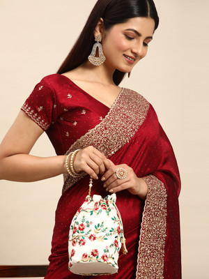 HouseOfCommon Embellished, Self Design Bollywood Raw Silk Saree(Red)