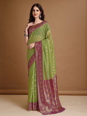 Divastri Woven, Floral Print, Geometric Print Jamdani Cotton Blend Saree(Green)