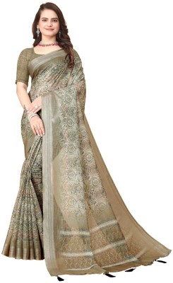 TORNITTO FASHION HUB Printed Banarasi Cotton Linen Saree(Brown)