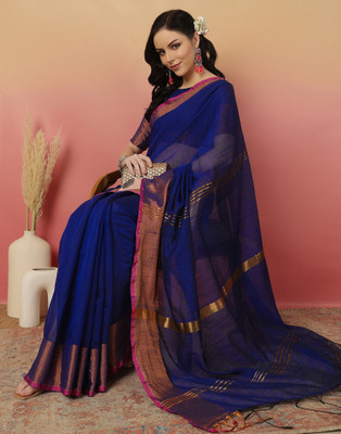 Satrani Solid/Plain, Embellished Bollywood Tissue Saree(Blue)