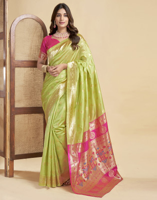 Samah Embellished Paithani Silk Blend Saree(Green, Gold)