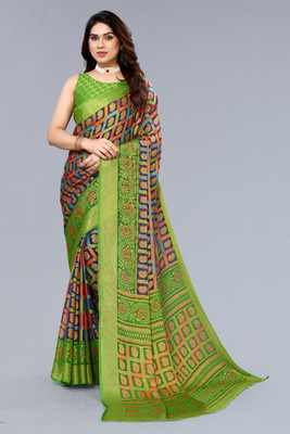 Winza Designer Checkered, Printed Bollywood Chiffon, Brasso Saree(Green, Orange)
