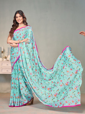 GARDEN VARELI Floral Print Bollywood Satin Saree(Light Blue)