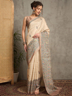 ANOUK Printed Daily Wear Silk Blend Saree(Beige)
