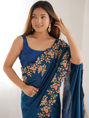 ANOUK Embroidered Bollywood Silk Blend Saree(Dark Blue)