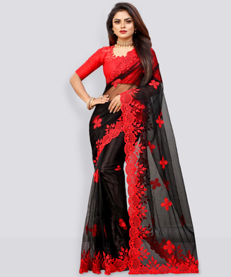 YASHVI Embroidered Bollywood Net Saree(Red, Black)