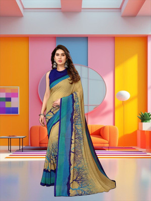 SmittenSmit Printed Bollywood Georgette Saree(Brown)