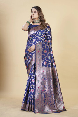 SATQ Woven, Floral Print Kanjivaram Cotton Silk Saree(Dark Blue, Gold)