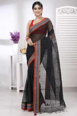 GitAsit Embroidered Handloom Cotton Blend Saree(Black)