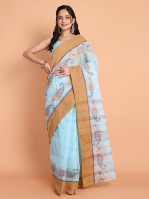 TANTLOOM Woven Tant Pure Cotton Saree(Blue)