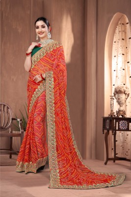 KEYU FASHION Embroidered, Floral Print Bandhani Georgette Saree(Red)