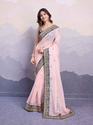 Marry Embroidered Bollywood Organza Saree(Pink)