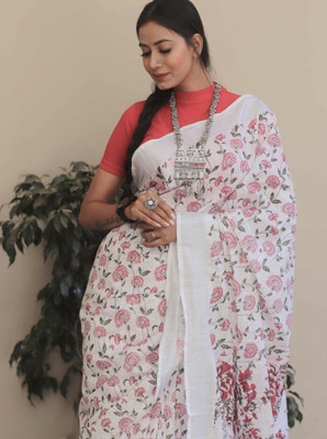 ASHTA Floral Print Kanjivaram Linen Saree(Red)