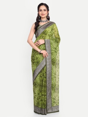 AMBUJAINTERNATIONAL Printed Bollywood Georgette Saree(Green, Dark Green)