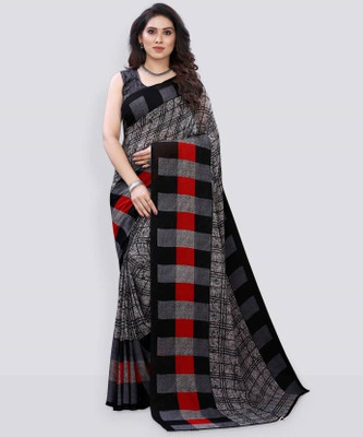 Anugrah Textile Solid/Plain Banarasi Lycra Blend, Chiffon Saree(Grey, Black)