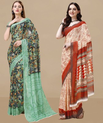 Dori Floral Print Daily Wear Georgette Saree(Pack of 2, Green, Red)