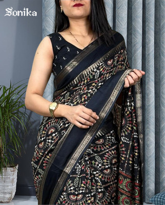 Femane Printed Ikkat Cotton Silk Saree(Black)