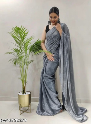 HouseOfCommon Solid/Plain Bollywood Lycra Blend Saree(Grey)