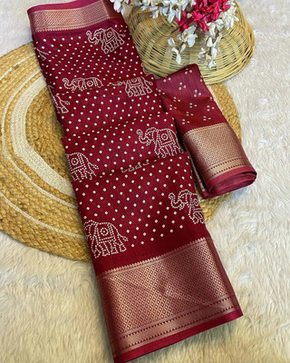 Peachmode Printed, Woven Bollywood Silk Blend Saree(Maroon)