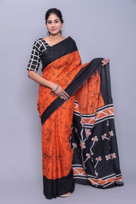 ABHIT CREATION Blocked Printed Daily Wear Pure Cotton Saree(Orange)